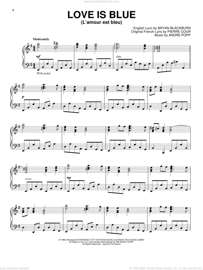 Love Is Blue (L'amour Est Bleu) sheet music for piano solo by Robert Goulet, Andre Popp, Brian Blackburn and Pierre Cour, intermediate skill level