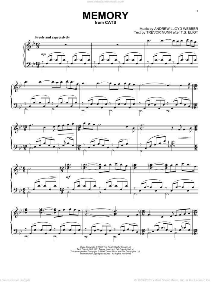 Memory (from Cats), (intermediate) sheet music for piano solo by Andrew Lloyd Webber, Barbra Streisand, Cats (Musical), T.S. Eliot and Trevor Nunn, intermediate skill level