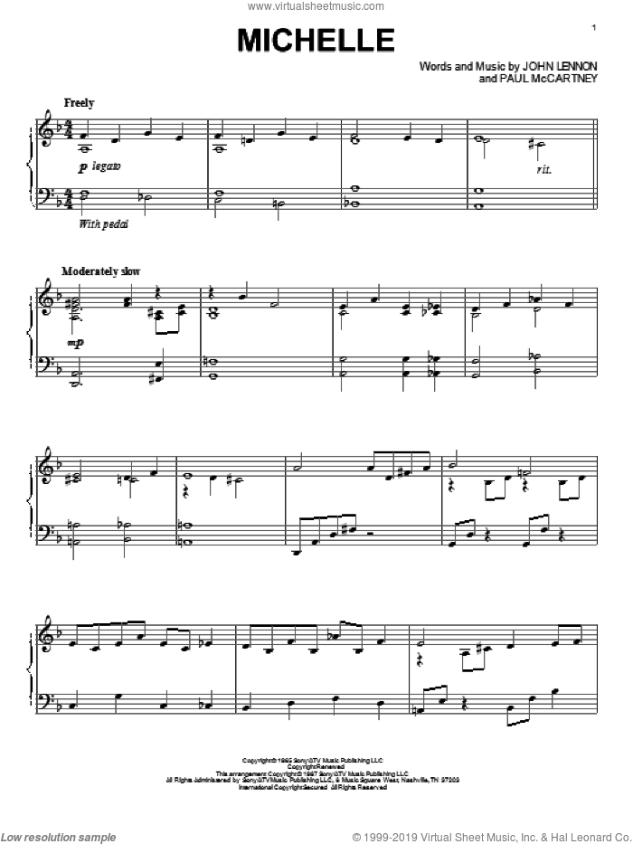 Michelle, (intermediate) sheet music for piano solo by The Beatles, John Lennon and Paul McCartney, intermediate skill level