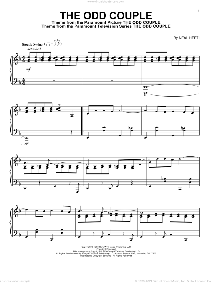 The Odd Couple, (intermediate) sheet music for piano solo by Neal Hefti and Sammy Cahn, intermediate skill level