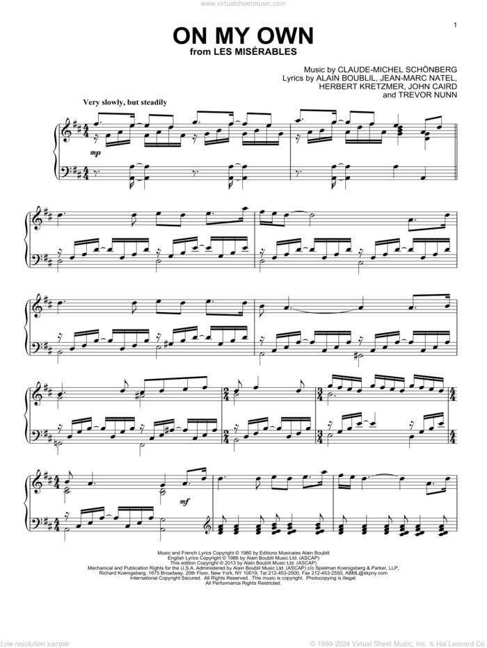 On My Own (from Les Miserables), (intermediate) sheet music for piano solo by Alain Boublil, Claude-Michel Schonberg, Herbert Kretzmer, Jean-Marc Natel, John Caird and Trevor Nunn, intermediate skill level