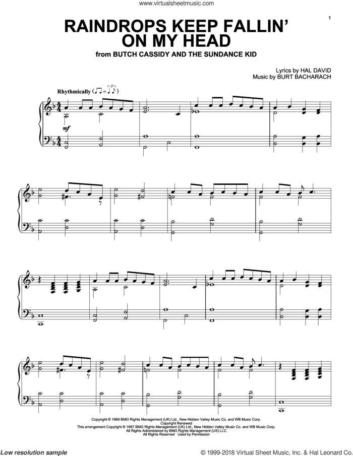 Raindrops Keep Fallin' On My Head sheet music for piano solo by B.J. Thomas, Bacharach & David, Burt Bacharach and Hal David, intermediate skill level
