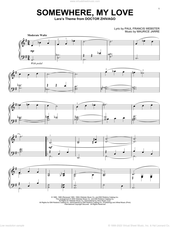 Somewhere, My Love, (intermediate) sheet music for piano solo by Maurice Jarre and Paul Francis Webster, wedding score, intermediate skill level