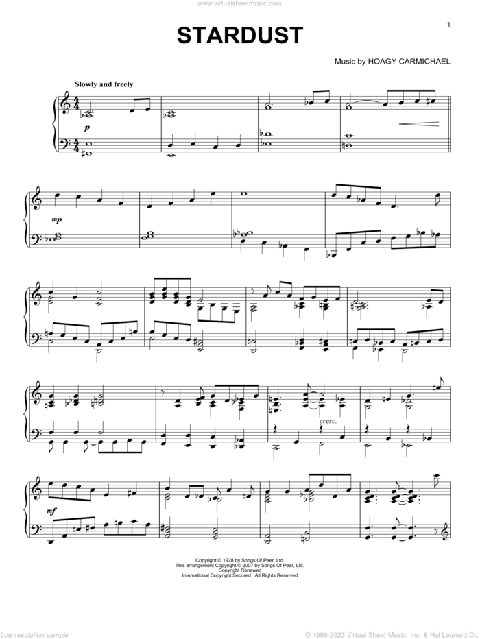 Stardust sheet music for piano solo by Hoagy Carmichael and Mitchell Parish, intermediate skill level