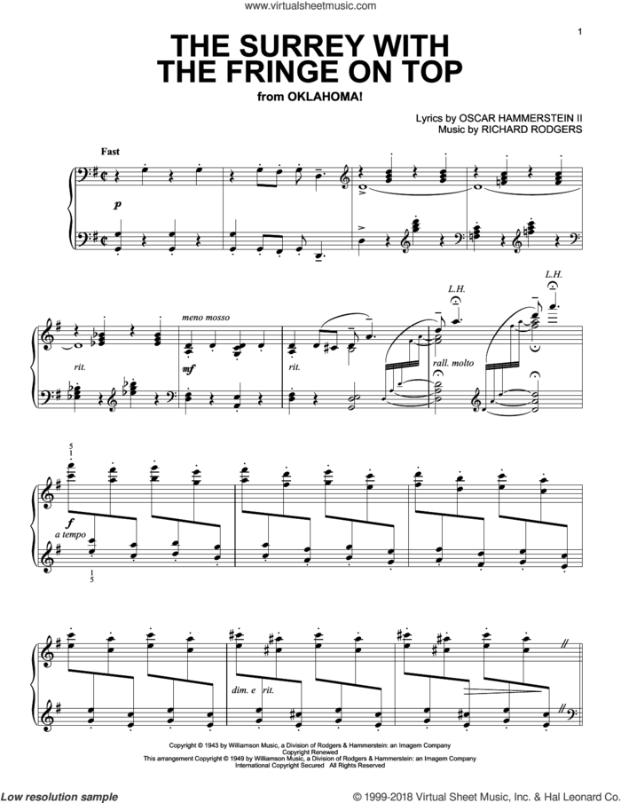 The Surrey With The Fringe On Top (from Oklahoma!) sheet music for piano solo by Rodgers & Hammerstein, Oklahoma! (Musical), Oscar II Hammerstein and Richard Rodgers, intermediate skill level