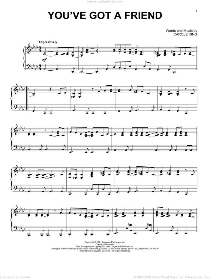 You've Got A Friend sheet music for piano solo by Carole King and James Taylor, intermediate skill level