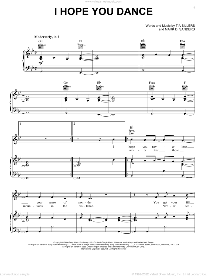 I Hope You Dance sheet music for voice, piano or guitar by Lee Ann Womack, Mark D. Sanders and Tia Sillers, intermediate skill level