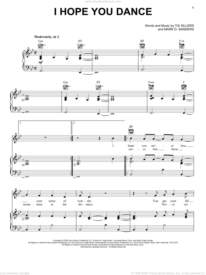 I Hope You Dance sheet music for voice, piano or guitar by Lee Ann Womack, Mark D. Sanders and Tia Sillers, intermediate skill level