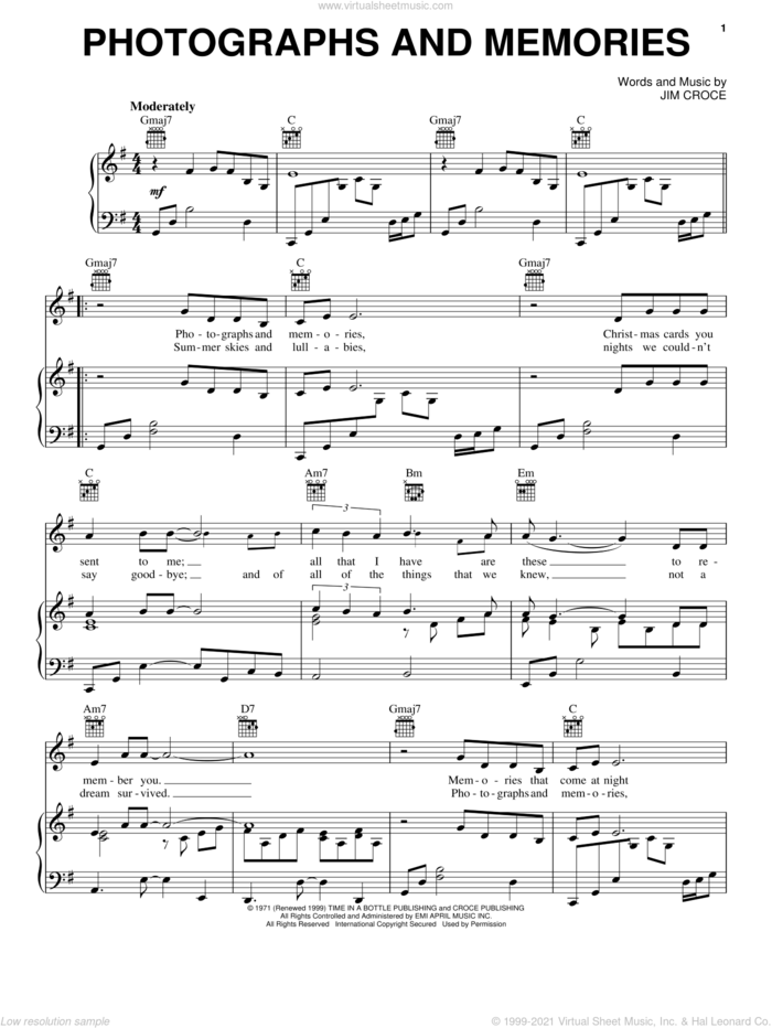 Photographs And Memories sheet music for voice, piano or guitar by Jim Croce, intermediate skill level