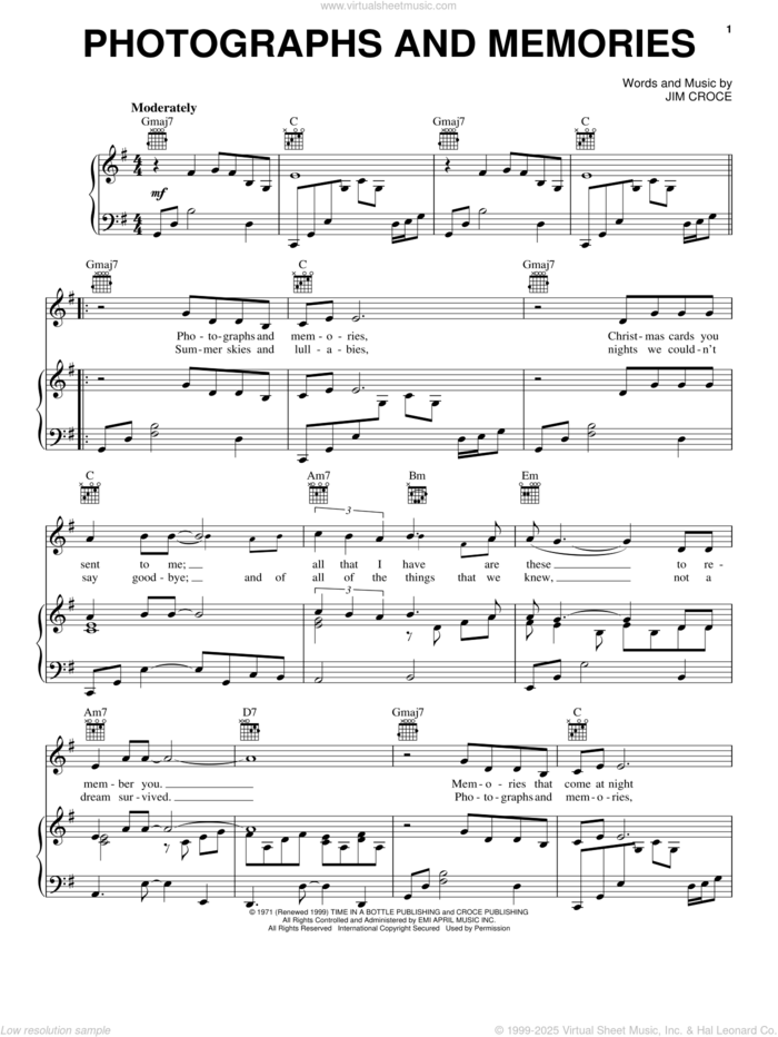 Photographs And Memories sheet music for voice, piano or guitar by Jim Croce, intermediate skill level