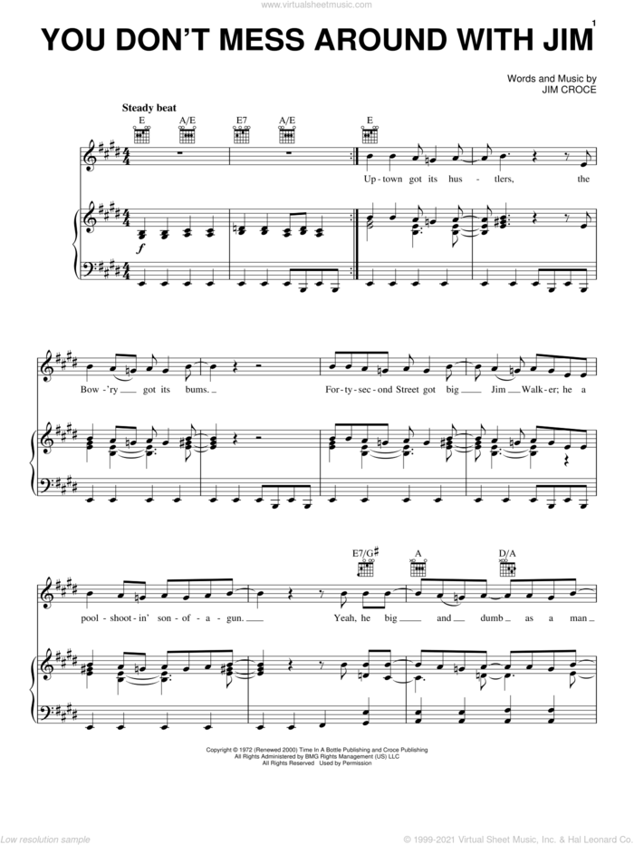 You Don't Mess Around With Jim sheet music for voice, piano or guitar by Jim Croce, intermediate skill level