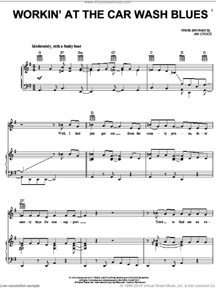 Workin' At The Car Wash Blues sheet music for voice, piano or guitar by Jim Croce, intermediate skill level
