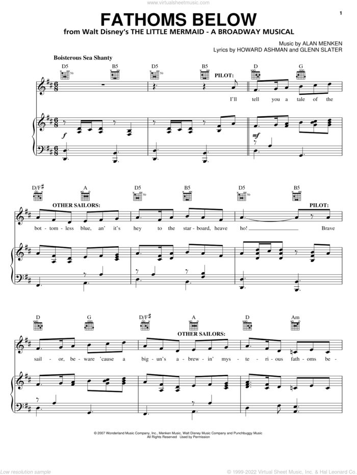 Fathoms Below (from The Little Mermaid: A Broadway Musical) sheet music for voice, piano or guitar by Alan Menken, The Little Mermaid (Musical), Glenn Slater and Howard Ashman, intermediate skill level