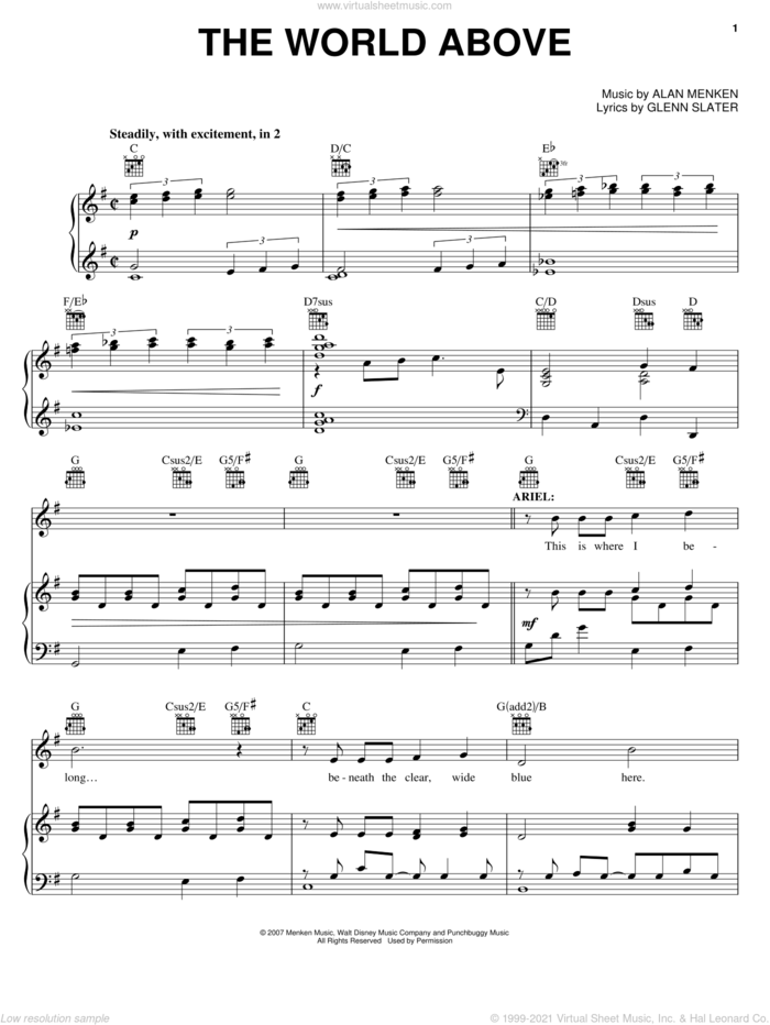 The World Above (from The Little Mermaid: A Broadway Musical) sheet music for voice, piano or guitar by Alan Menken, The Little Mermaid (Musical), Glenn Slater and Howard Ashman, intermediate skill level
