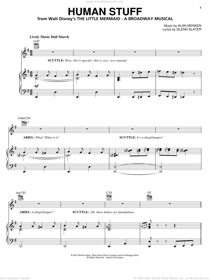 Human Stuff (from The Little Mermaid: A Broadway Musical) sheet music for voice, piano or guitar by Alan Menken, The Little Mermaid (Musical), Glenn Slater and Howard Ashman, intermediate skill level