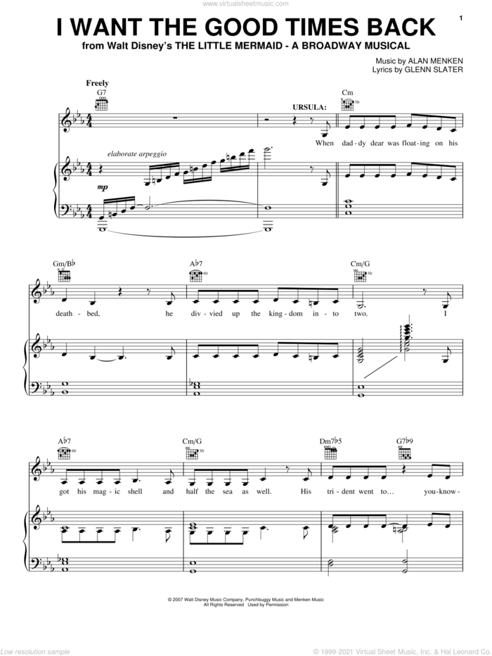 I Want The Good Times Back (from The Little Mermaid: A Broadway Musical) sheet music for voice, piano or guitar by Alan Menken, The Little Mermaid (Musical), Glenn Slater and Howard Ashman, intermediate skill level