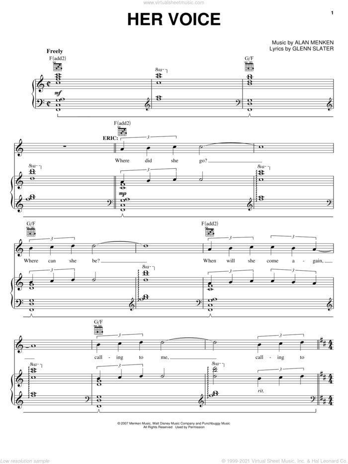 Her Voice (from The Little Mermaid: A Broadway Musical) sheet music for voice, piano or guitar by Alan Menken, The Little Mermaid (Musical), Glenn Slater and Howard Ashman, intermediate skill level