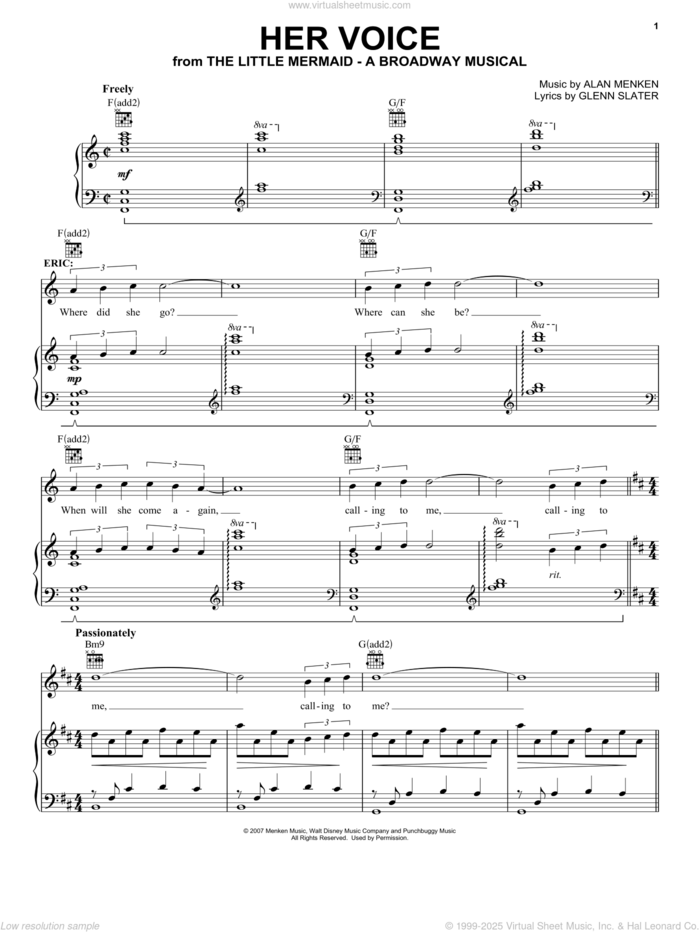 Her Voice (from The Little Mermaid: A Broadway Musical) sheet music for voice, piano or guitar by Alan Menken, The Little Mermaid (Musical), Glenn Slater and Howard Ashman, intermediate skill level