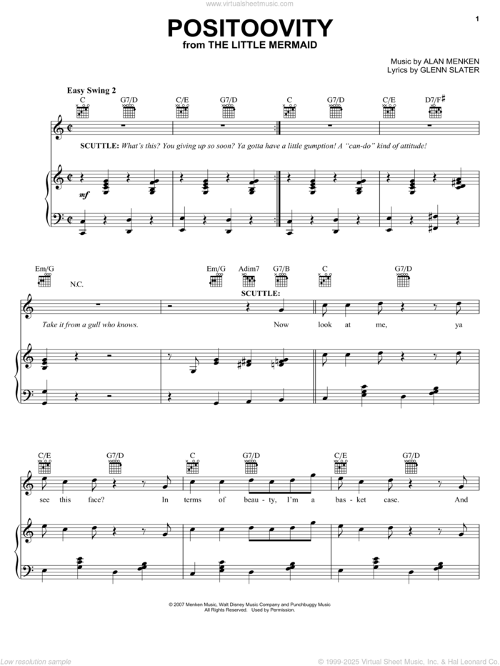 Positoovity (from The Little Mermaid: A Broadway Musical) sheet music for voice, piano or guitar by Alan Menken, The Little Mermaid (Musical), Glenn Slater and Howard Ashman, intermediate skill level