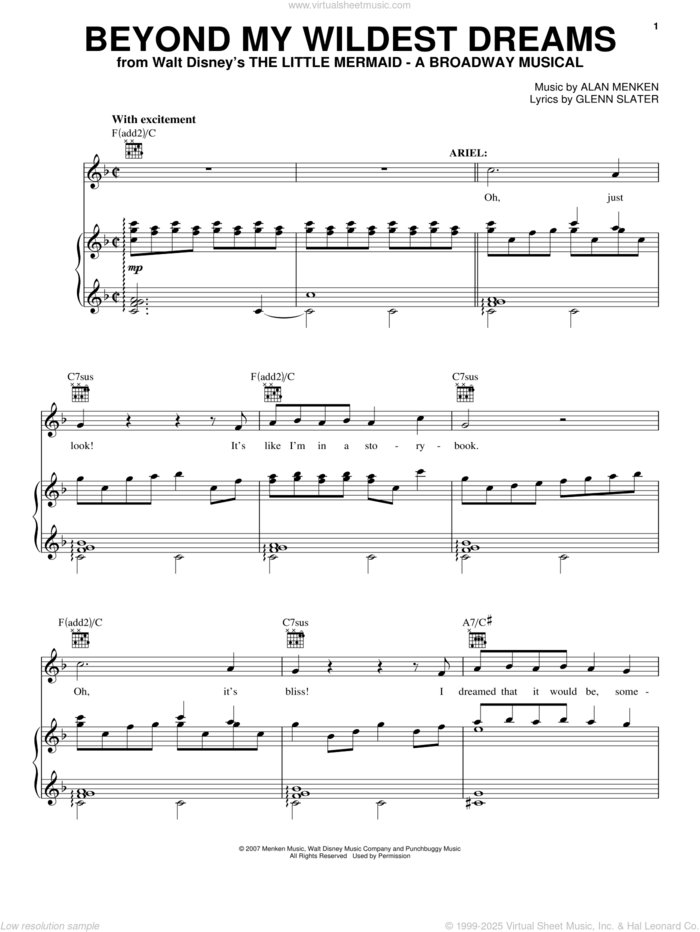 Beyond My Wildest Dreams (from The Little Mermaid: A Broadway Musical) sheet music for voice, piano or guitar by Alan Menken, The Little Mermaid (Musical), Glenn Slater and Howard Ashman, intermediate skill level