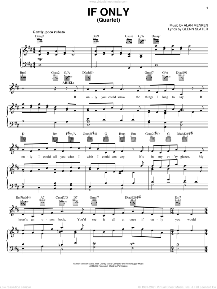 If Only (Quartet) (from The Little Mermaid: A Broadway Musical) sheet music for voice, piano or guitar by Alan Menken, The Little Mermaid (Musical), Glenn Slater and Howard Ashman, intermediate skill level
