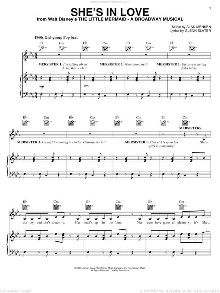 She's In Love (from The Little Mermaid: A Broadway Musical) sheet music for voice, piano or guitar by Alan Menken, The Little Mermaid (Musical), Glenn Slater and Howard Ashman, intermediate skill level