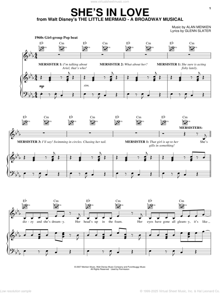 She's In Love (from The Little Mermaid: A Broadway Musical) sheet music for voice, piano or guitar by Alan Menken, The Little Mermaid (Musical), Glenn Slater and Howard Ashman, intermediate skill level