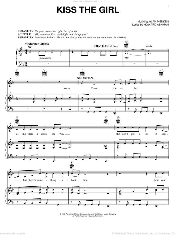 Kiss The Girl (from The Little Mermaid: A Broadway Musical) sheet music for voice, piano or guitar by Alan Menken, The Little Mermaid (Musical), Alan Menken & Howard Ashman, Glenn Slater and Howard Ashman, intermediate skill level