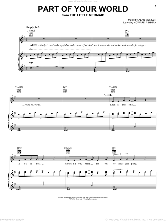 Part Of Your World (from The Little Mermaid: A Broadway Musical) sheet music for voice, piano or guitar by Alan Menken, The Little Mermaid (Musical), Glenn Slater and Howard Ashman, intermediate skill level