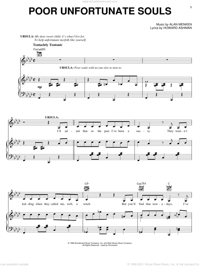 Poor Unfortunate Souls (from The Little Mermaid: A Broadway Musical) sheet music for voice, piano or guitar by Alan Menken, The Little Mermaid (Musical), Glenn Slater and Howard Ashman, intermediate skill level