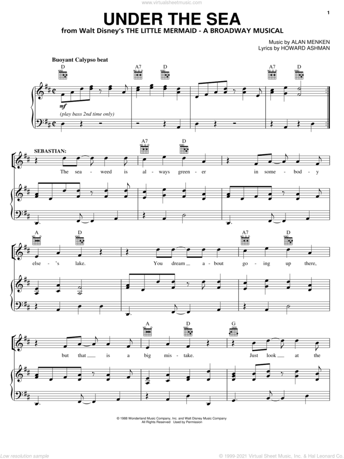 Under The Sea (from The Little Mermaid: A Broadway Musical) sheet music for voice, piano or guitar by Alan Menken, The Little Mermaid (Musical), Glenn Slater and Howard Ashman, intermediate skill level