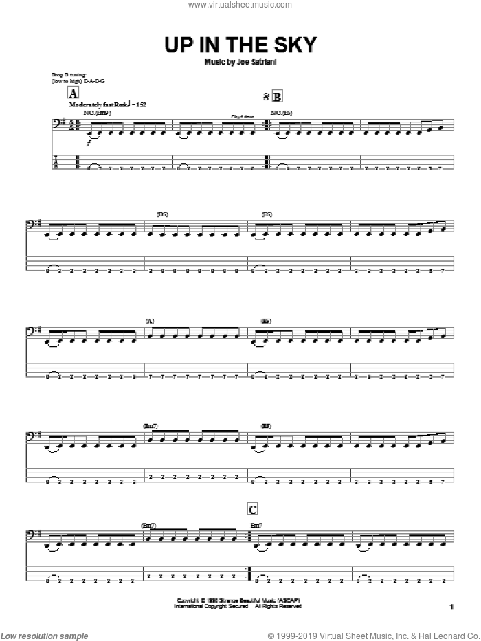 Up In The Sky sheet music for bass (tablature) (bass guitar) by Joe Satriani, intermediate skill level