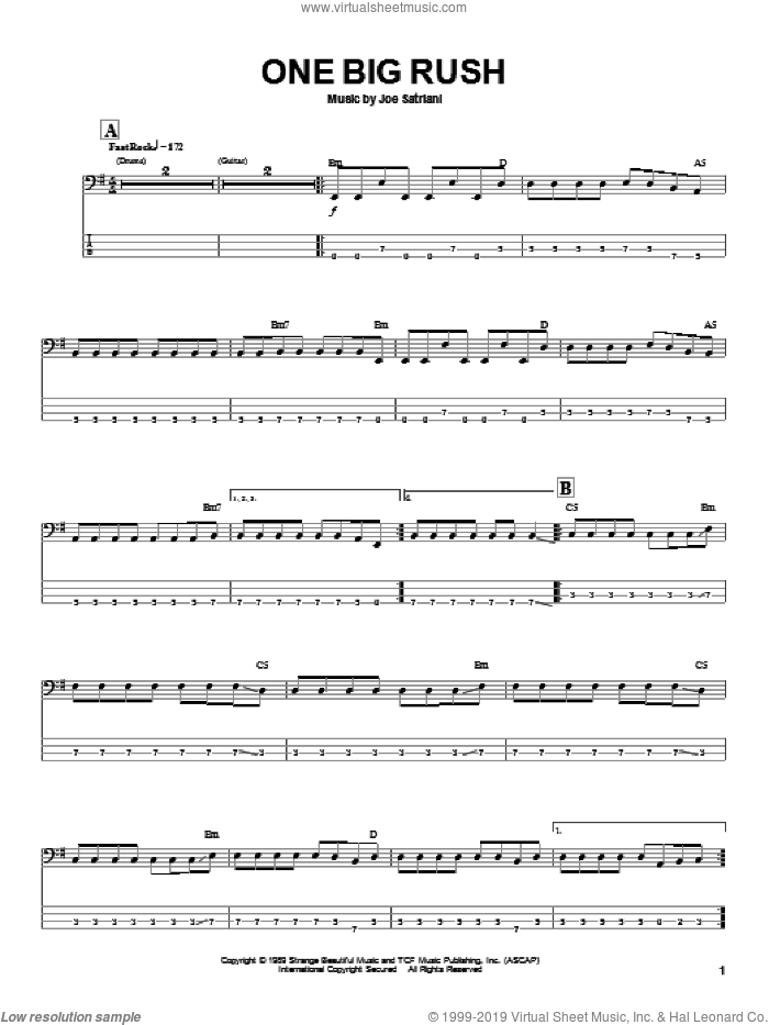 One Big Rush sheet music for bass (tablature) (bass guitar) by Joe Satriani, intermediate skill level
