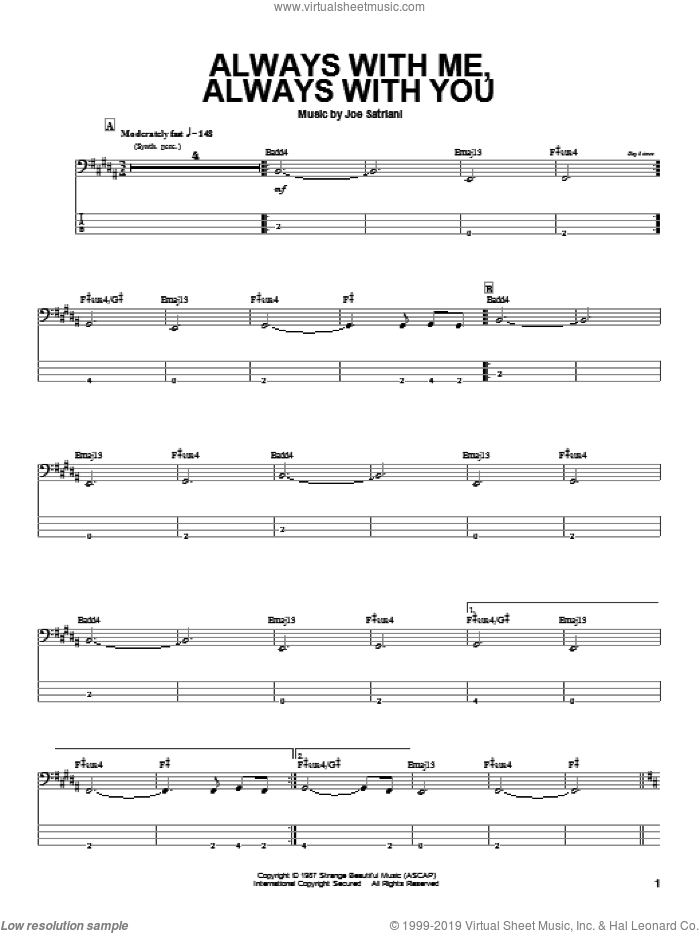 Always With Me, Always With You sheet music for bass (tablature) (bass guitar) by Joe Satriani, intermediate skill level