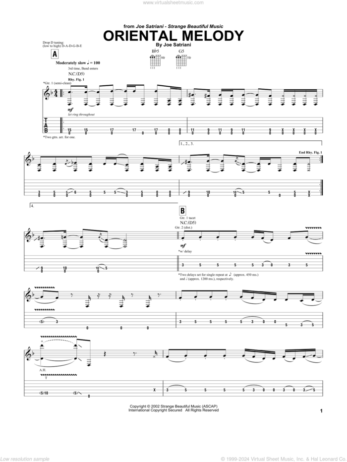Oriental Melody sheet music for guitar (tablature) by Joe Satriani, intermediate skill level