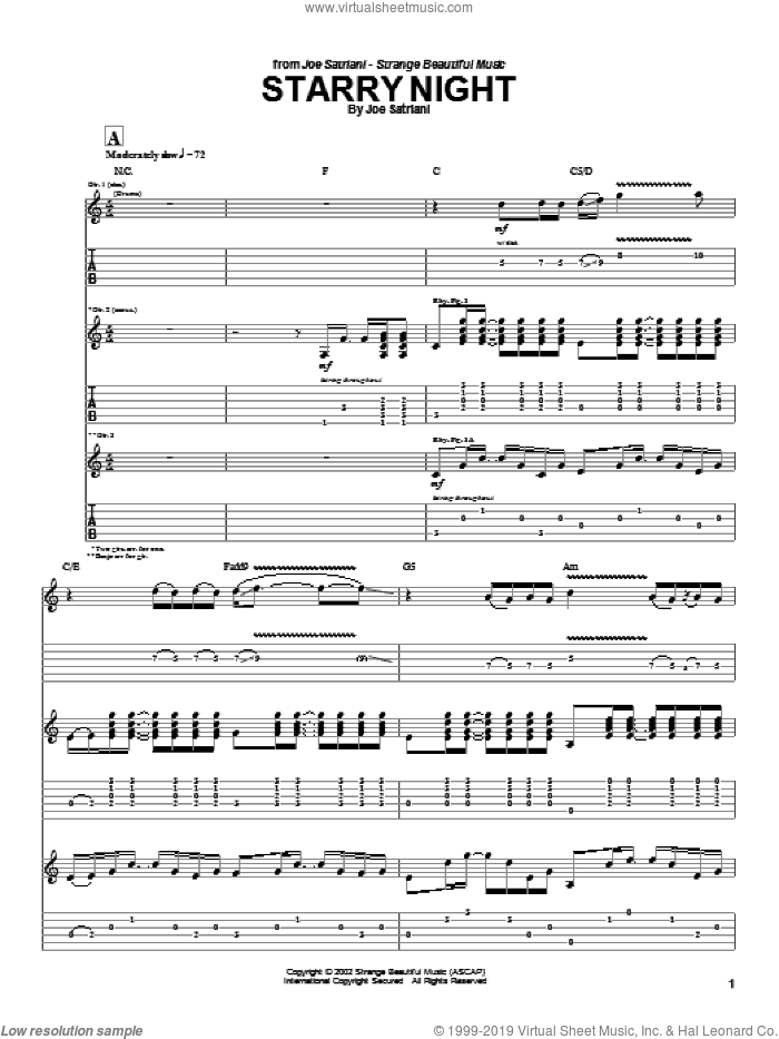Starry Night sheet music for guitar (tablature) by Joe Satriani, intermediate skill level