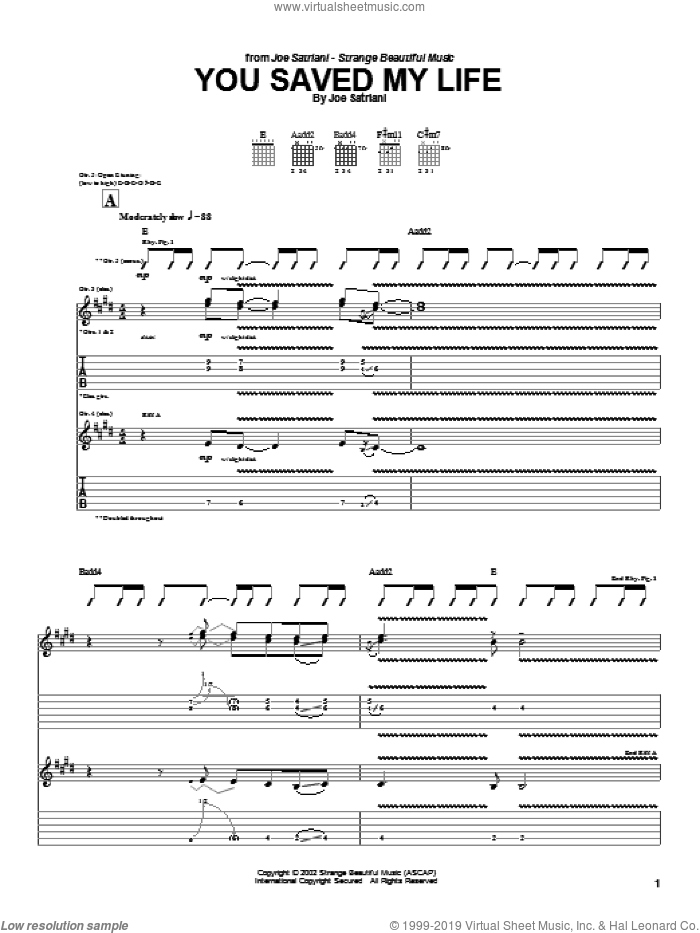 You Saved My Life sheet music for guitar (tablature) by Joe Satriani, intermediate skill level