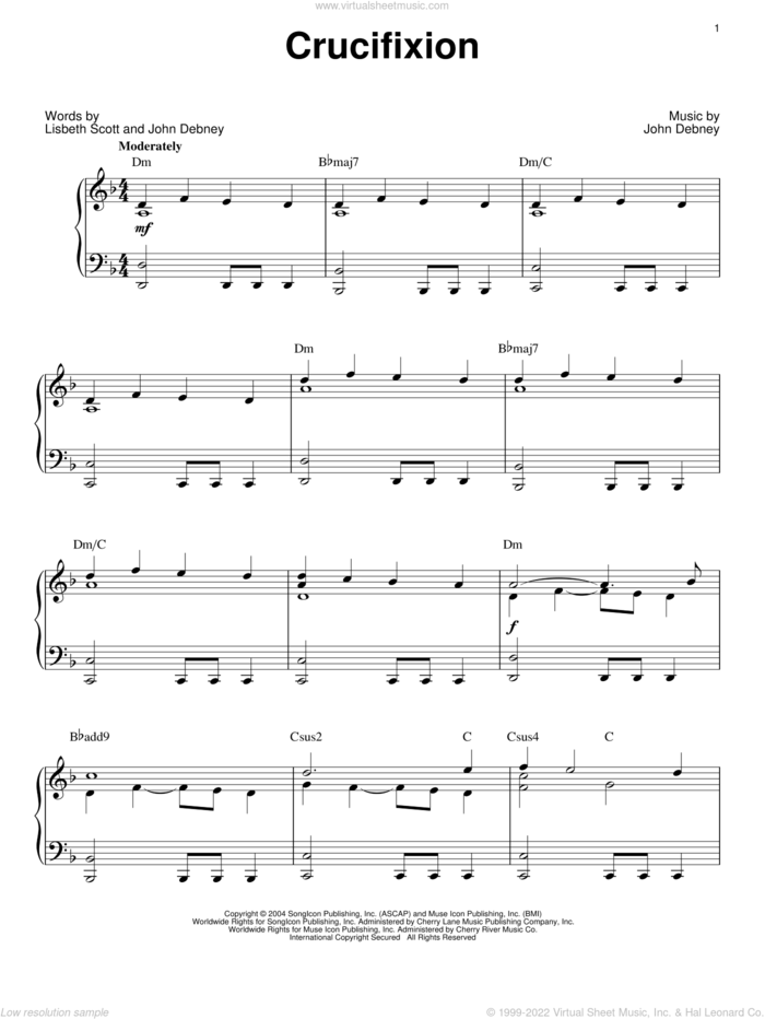 Crucifixion sheet music for piano solo by John Debney, The Passion Of The Christ (Movie) and Lisbeth Scott, intermediate skill level