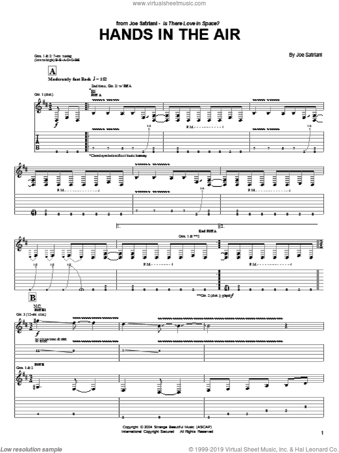 Hands In The Air sheet music for guitar (tablature) by Joe Satriani, intermediate skill level