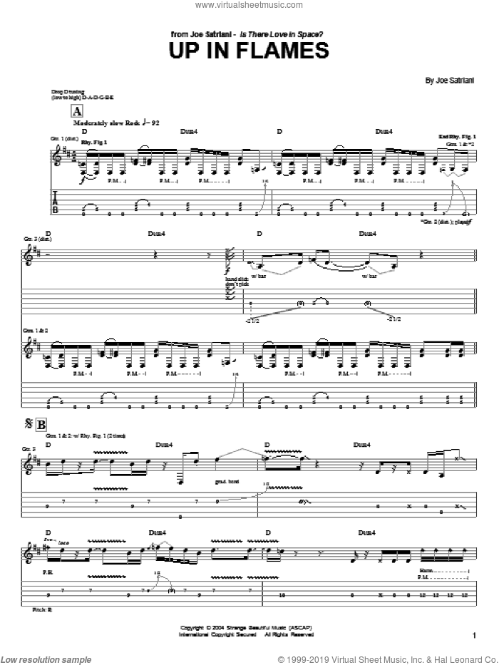 Up In Flames sheet music for guitar (tablature) by Joe Satriani, intermediate skill level