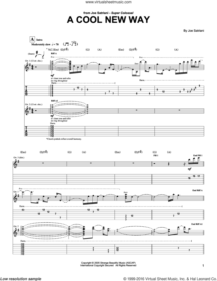 A Cool New Way sheet music for guitar (tablature) by Joe Satriani, intermediate skill level