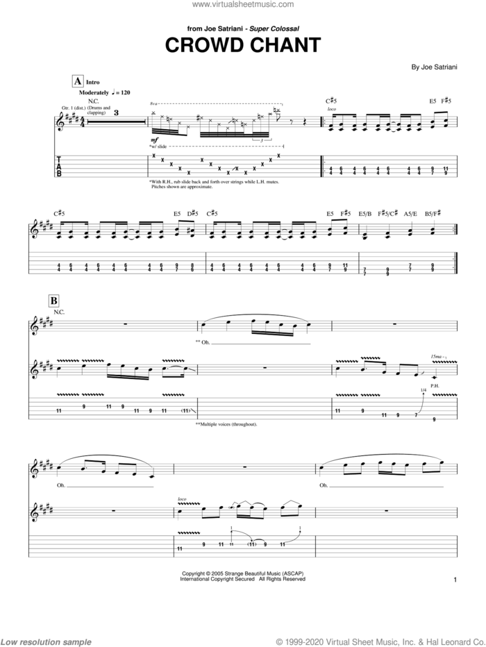 Crowd Chant sheet music for guitar (tablature) by Joe Satriani, intermediate skill level