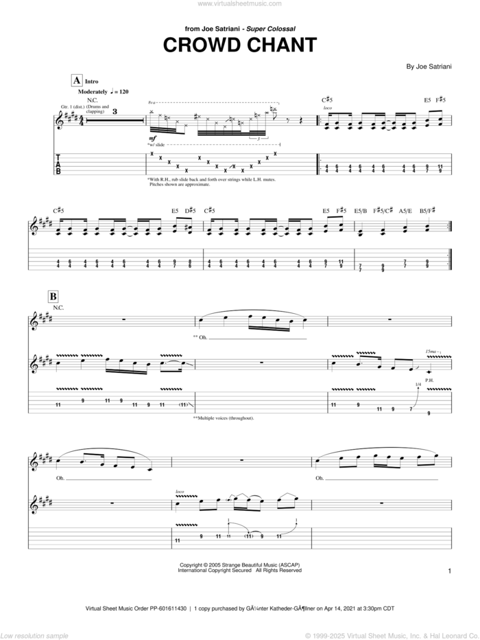 Crowd Chant sheet music for guitar (tablature) by Joe Satriani, intermediate skill level