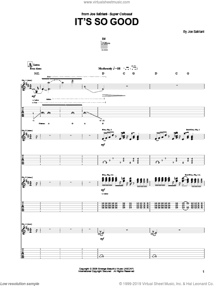 It's So Good sheet music for guitar (tablature) by Joe Satriani, intermediate skill level