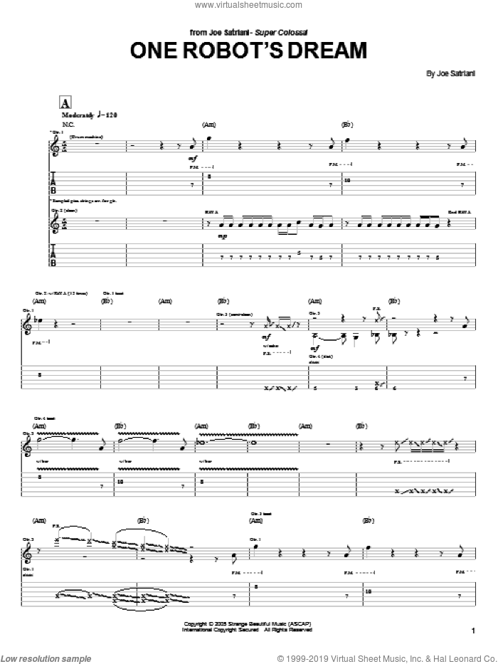 One Robot's Dream sheet music for guitar (tablature) by Joe Satriani, intermediate skill level
