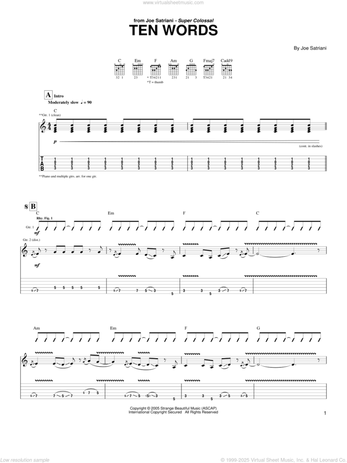 Ten Words sheet music for guitar (tablature) by Joe Satriani, intermediate skill level