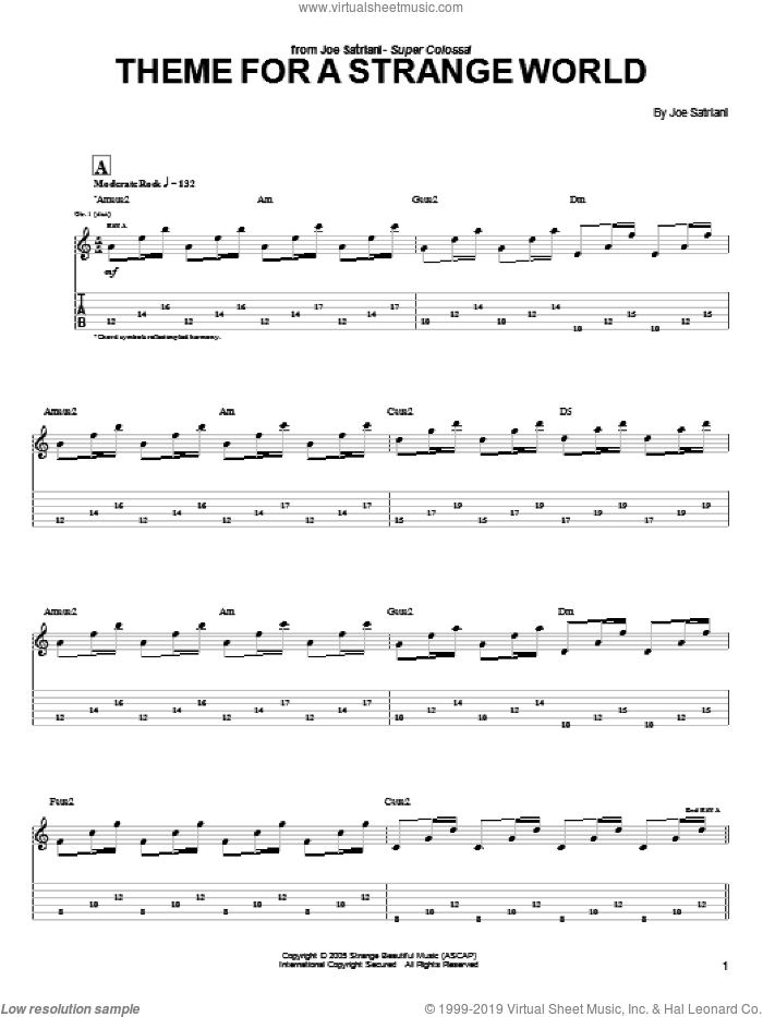 Theme For A Strange World sheet music for guitar (tablature) by Joe Satriani, intermediate skill level