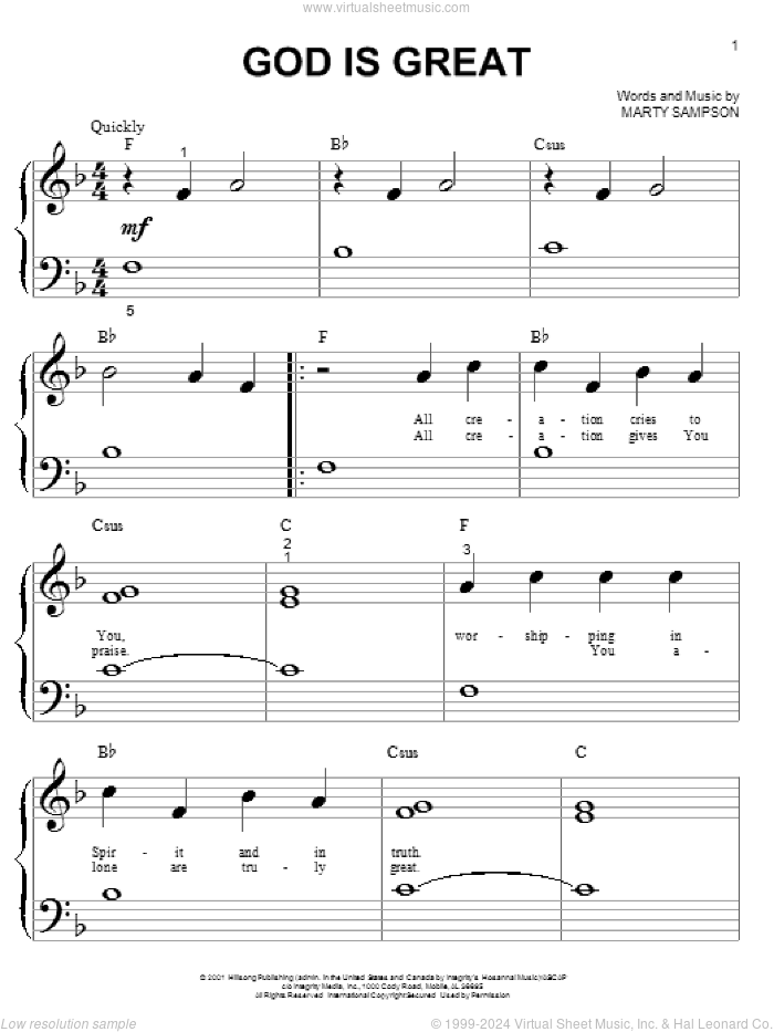 God Is Great sheet music for piano solo (big note book) by Marty Sampson and Hillsong Worship, easy piano (big note book)