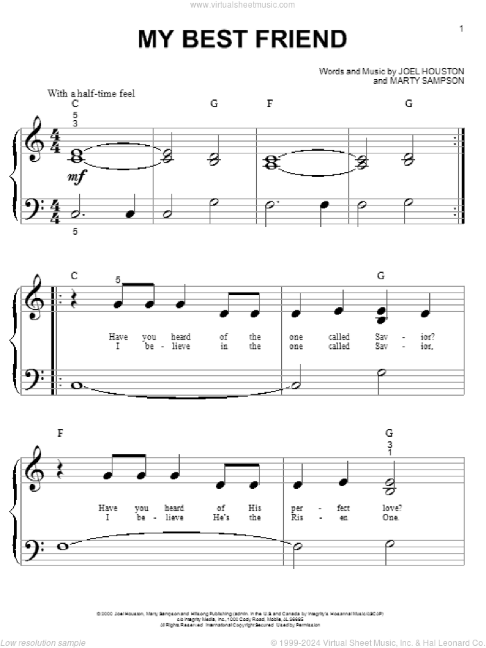 My Best Friend sheet music for piano solo (big note book) by Marty Sampson, Hillsong Worship and Joel Houston, easy piano (big note book)
