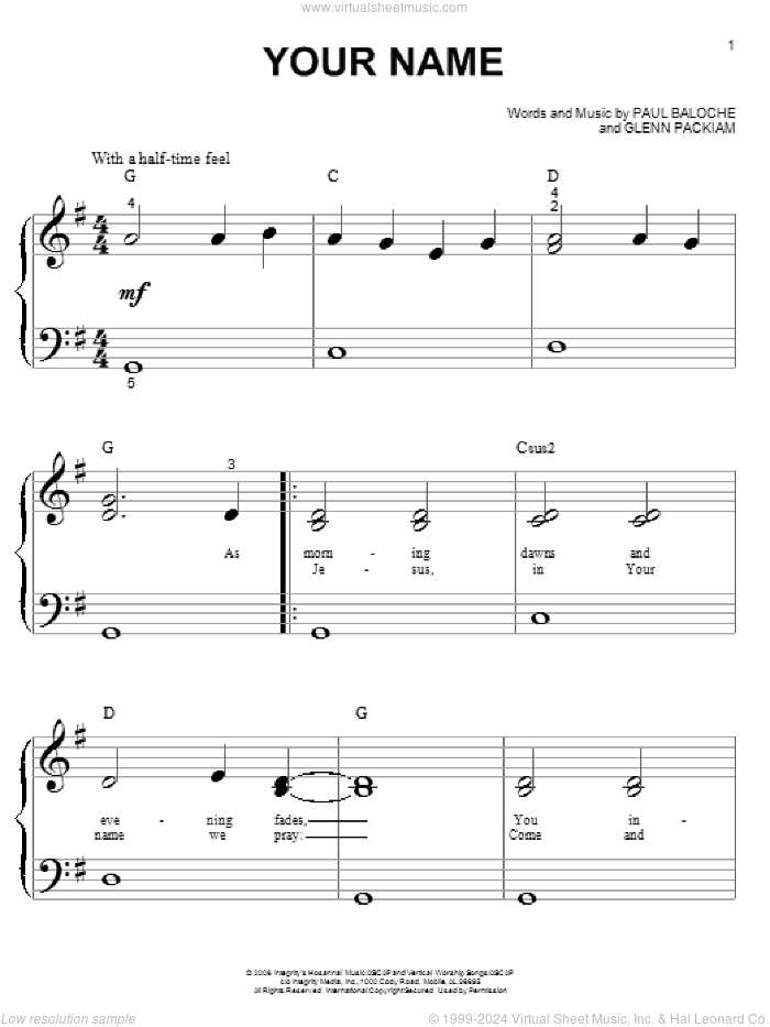 Your Name sheet music for piano solo (big note book) by Paul Baloche and Glenn Packiam, easy piano (big note book)